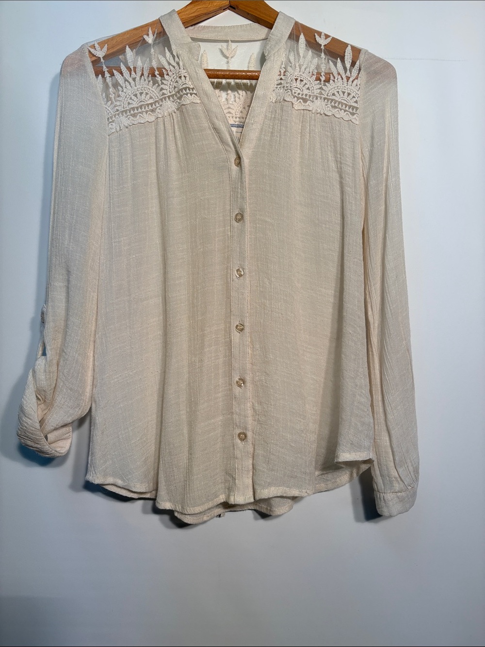 Delicate Cream Lace-Yoke Button-Down Blouse
